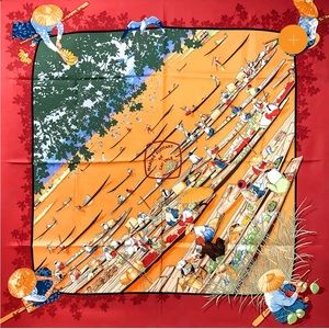 Hermes Marche Flottant Scarf 90 cm Red Floating Market Vintage Silk du Lac